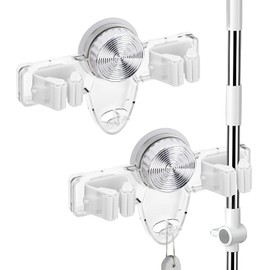 LELE LIFE 2 Pack Broom Holder Mop Hanger - Strong Suction Cup - No Drill Removable Broom Organizer Rack Wall Mount with Hooks for Bathroom Kitchen Garage, Clear