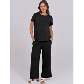 ANRABESS Women 2 Piece Outfits Summer Short Sleeve Wide Leg Tracksuits Casual Matching Lounge Sets Sweatsuits Travel Clothes Black Large