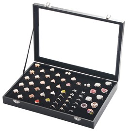 Anillos de la Joyería Caja, Bandeja Organizadora de 100 Ranuras para Anillos con tapa Transparente, 36 * 25 * 5cm, Terciopelo, Negro
