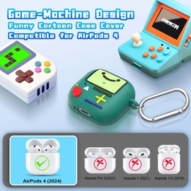 Cute Cover for AirPods 4 Case (2024), Cartoon Cute AirPods 4 Case Game Console Design Silicone Shock-Proof Protection Cool Case for AirPods 4th Generation Case Funny with Keychain/Cleaner Kit (Green)