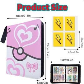 Trading Card Album Binder 4 Pocket,50 Removable Sleeves Fits 400 Cards, Cards Holder Album PU Leather Folder with Zipper and Strap for Game Cards,Book Folder Storage Organizer for Boys Girls (Pink)
