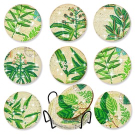 8 Pcs Diamond Painting Coasters | Diamond Art Coasters | Leaves Diamond Art Painting | Perfect Art Craft Gift for Leaves Lover, Dad, Mom, Grandparents, Brother, Sister.