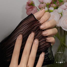 KQueenest French Tip False Nails with Glue, Brown Press on Nails Short Square, Natural Nude Full Cover Short Fake Nails Press ons, Reusable Coffee Soft Gel Stick on Nail for Women, 30 Pcs