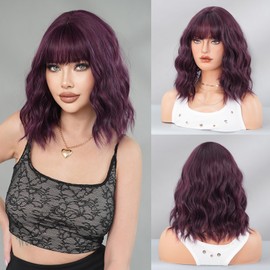 PARK YUN Dark Purple Short Bob Wavy Wig with Bang 15 Inch Purple Wig Synthetic Heat Resistant Wigs for Women Cosplay and Daily Party used.
