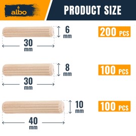 ALBO Wooden Dowel Pins 400 Pack Assorted Sizes 6х30 / 8х30 / 10х40mm, Fluted Wood Dowels Rods Hardwood Crafts Dowel Pegs