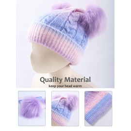 SERENYOU Kids Winter Beanie Hat Scarf Set Boys Girls Double Pompom Hat with Thicken Knitted Warm Scarf Purple