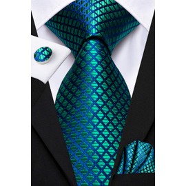 Dubulle Mens Blue Green Plaids Floral Silk Tie for Men Striped Necktie and Pocket Square Cufflinks Set Wedding Business