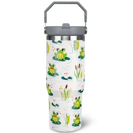 Jizrecly 30oz Frog Flip Straw Tumbler, Insulated Coffee Travel Mug with Handle and Straw, 30oz Frog Water Bottle Gifts for Women and Girls