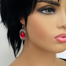 Real Metal Blood Red Cabochon Set in Silver Frame Dangle Earrings #1024R
