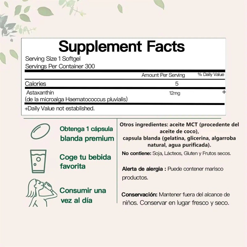 Astaxantina 12mg 300 Cápsulas Blandas Antioxidante Sabor