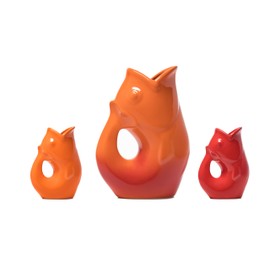 Gurgle Pot Fish Pitchers Set of 3 - Large Gradient Orange Red (42 oz) with 2 Baby Coordinating Gurgle Pots (3oz), Red and Orange. Multiple Purpose, Beverage Pitcher and Creamers, Flower & Bud Vases.