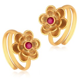 Aheli Gold Plated Rani Pink Synthetic Stone Studded Floral Adjustable Toe Ring Bichiya Jewellery Gift for Women