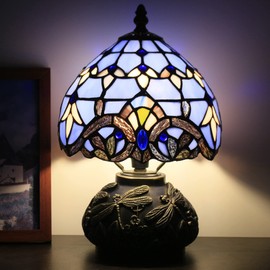 Small Tiffany Lamp Mini Stained Glass Table Lamp Blue Baroque Style Mushroom Desk Light Memory Sympathy Lamp 8X11 Inch
