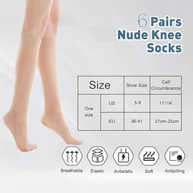 6 Pairs Knee High Stockings, Nude Sheer Pop Socks, Compression Socks for Women Men, Compression Socks, Nylon Socks for Women