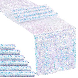 MoKoHouse Mermaid Party Table Runner 6 Pieces 12 x 72 Inches White Table Runner Glitter Iridescent Table Linens for Ocean Under The Sea Party Decorations