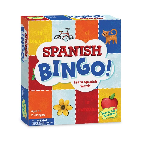 Peaceable Kingdom Spanish Bingo - Language-Learning Games for Kids - Boys & Girls Ages 5 & up Learn Basic Spanish Vocabulary as They Play Bingo - Includes a Pronunciation Guide