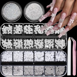 SEMATA Bow Nail Art Charms White Nail Gems with Silver Metal Caviar Beads Mixed Size Nails Pearls Rhinestones for Women Nails DIY Design Decoration