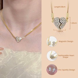 Hanaoops Heart Charm Necklace for Women Girls Magnetic Heart Necklace Women's Gold Silver Heart Chain with Cubic Zirconia Exquisite Fashionable Modern Pendant Necklaces Jewellery Gift, Unit size