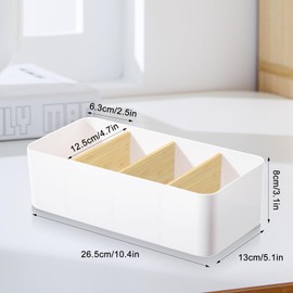 WOKICOR Desk Organiser, 4 Compartments, Bamboo Office Organiser with Pen Holder, Multifunctional Storage Box, Desk Organiser for Pens, Cosmetics, Smartphones, Small Items