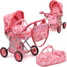 Dolls To Play 25" Baby Doll Stroller Pram w/ Carrier, Canopy & Storage Basket - Pink