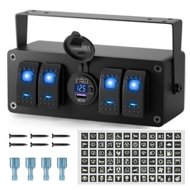 Joinfworld 4 Gang Rocker Switch Box Waterproof 12V SPST ON/Off lED Light Bar Switch Panel with Dual USB Outlet PD3.0 & QC3.0 Car USB Port for Boat Marine Automotive Car Truck RV UTV