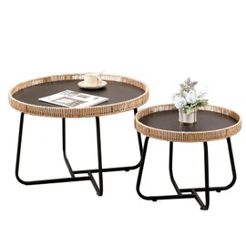 GTIWROTN Small Round Nesting Coffee Table Set of 2, Nesting Side Tables with Metal Frame, Modern Circle End Tables for Living Room Bedroom Office Balcony (Brown, 50cm+70cm)
