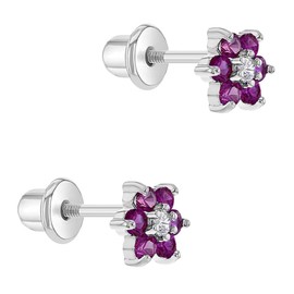 Rhodium Plated Small 5mm Girls Fuchsia and Clear Cubic Zirconia Flower Safety Screw Back Earrings for Toddlers & Young Girls - A Wonderful Gift for Floral-Lover Children - Gleaming CZ Flower Studs