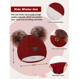 Kids Winter Hat Gloves Scarf Set Toddler Knit Beanie Hat with Pom Pom Neck Warmer Mittens Set for Girls Boys 1-10 Years