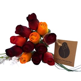 The Original Wooden Rose Bouquet of Dark Fall Harvest Colors Yellows, Oranges, Reds (1 Dozen)