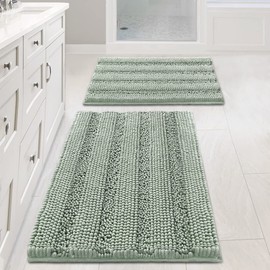 H.VERSAILTEX Sage Bathroom Rugs, Bath Mat Set of 2 Extra Thick Chenille Striped Pattern Shaggy Bath Rugs for Bath Room, Non Skid Bath Mats for Bathroom Floor (32 x 20 Plus 24 x 17 - Inches)