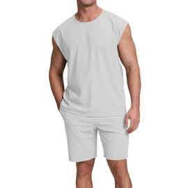 Cakulo Mens Summer 2 Piece Outfits Sleeveless Muscle Tank Tops Athletic Casual Beach Shirts and Shorts Set Beige L