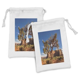 Lunarable Landscape Fabric Pouch Set of 2, Old Tree Under Clear Sky Monument Valley Utah Sandstone Famous Landmark Picture, Small Drawstring Bag for Toiletries Masks and Favors, 9" x 6", Blue Brown