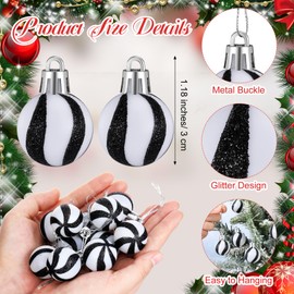 Arrowbash 48 Pcs Mini Christmas Ball Ornaments 1.18'' Glitter Christmas Tree Decorations Plastic Painted Christmas Baubles Ornaments for Xmas Swirl Hanging Ornaments Decor (Black and White)