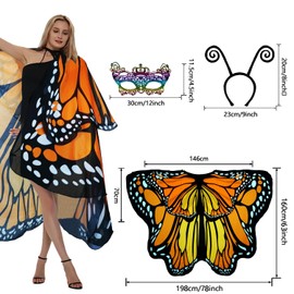 Butterfly Costume Women's Wings Butterfly Wings Adult Two-Tier Fancy Dress Costumes Women's Cape Fancy Dress Butterfly Costume Accessories Set of 3 Face Mask Sensor Butterfly Headband