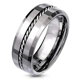 Paula & Fritz® Men's Tungsten Carbide Ring Shiny Chain Inlay Size 59 (18.8) - 70 (22.3) Silver 8 mm Wide Men's Ring Partner Ring Wedding Ring, Tungsten