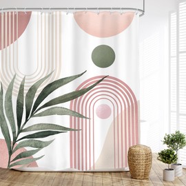 Glawry Glawry Pink Green Boho Shower Curtain Abstract Mid Century Tropical Leaves Modern Geometric Minimalist Arch Sun Bathroom Aesthetic 60Wx72L Inches Bath Accessories Art Home Decor Fabric 12 Pack Hooks