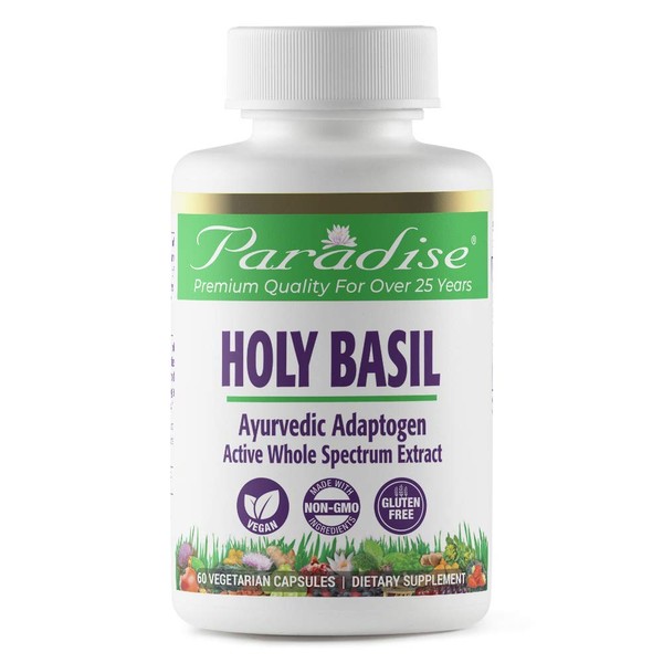 Paradise Herbs Organic Holy Basil Supplement, Active Whole Spectrum Extract, Vegan, Non-GMO, Gluten Free, 60 Vegetarian Capsules