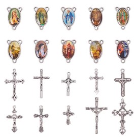PH PandaHall Elite 10 Sets(20 pcs) Rosary Cross and Center Miraculous Medal with Alloy Crucifix Cross Pendants and Oval Picture Links for Rosary Necklace Making