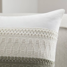 YZJZEDS Soft Cotton Boho Throw Pillow Covers Set of 2, Natural White/Contrast Green 18x18 Inch, Sage Green Farmhouse Decorative Cushion Covers for Sofa Bed Living Room Home Decor