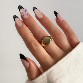 French Tip Press on Nails, Almond Medium Fake Nails with Nail Glue, Bow Rhinestone Reusable Soft Gel Stick On Nails for Women Girls Gift, 24PC Cute Glue On Nails Kit