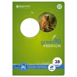 Staufen Green exercise book, DIN A5, 28 ruling (5 mm squared with margins), 16 sheets, 90 g/m² recycled paper, round corners prevent "dog-ears", 3 different designs (not possible), 1 piece