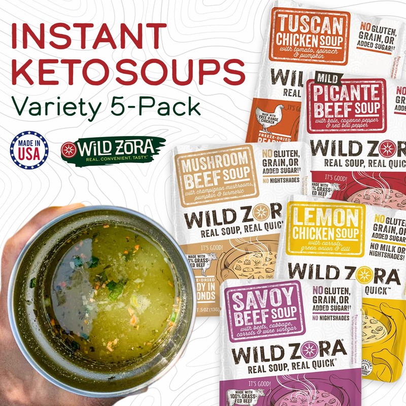 Wild Zora Instant Keto-Friendly Soups 5-Pack Variety, Broth Made with