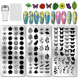 PH PandaHall 3pcs Insects Plants Nail Stamping Plates Flower Leaves Nail Art Templates Bees Butterfly Nails Art Stencils Dragonfly Nails Stamper Daisy Manicure Image Plates for Women Manicures Salon