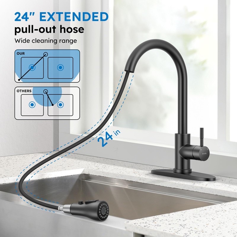 Arofa Matte Black Kitchen Faucet, Kitchen Sink Faucet with Pull