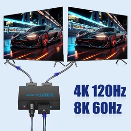 HBAVLINK 8K HDMI Splitter 1 in 2 Out 4K 120Hz- HDCP 2.3, VRR, HDR, Dolby/DTS5.1-1x2 HDMI 2.1 Splitter Mirror Display for PS3/4/5, Apple TV, Xbox, Fire TV Stick/Cube, Roku Stick, etc