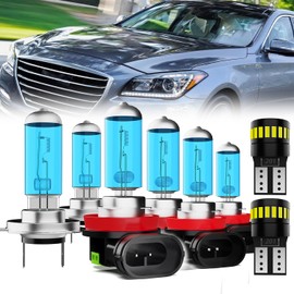 LECCIBUB Headlight Bulbs License Plate Lights Fit For Hyundai Genesis Coupe 2013-2016, H7 High Beam + H11 Low Beam + H11 Fog Lights Halogen Light Bulb + License Plate Lights, Pack of 8