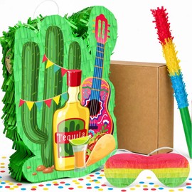 Mexican Cactus Party Piñata, 4 in 1 Mexican Fiesta Party Piñata Set Includes Cinco De Mayo Cactus Pinata Blindfold Mexican Piñata Stick etc Mexican Fiesta Decorations Mexican Party Decorations