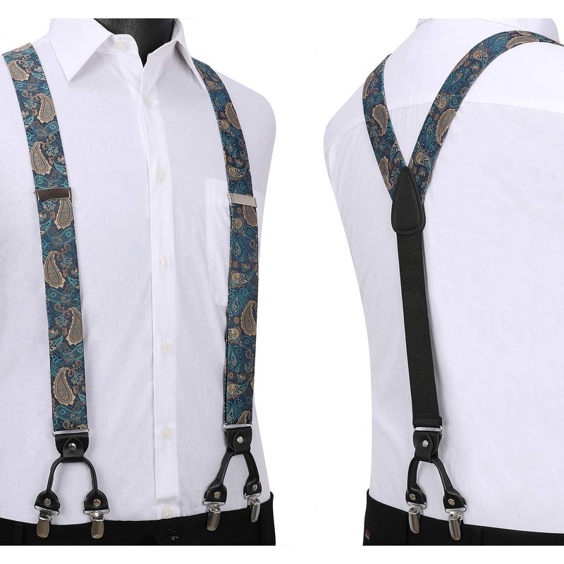 HISDERN Men’s Y-Shape Braces, Bow Tie, Paisley Handkerchief Set, 6