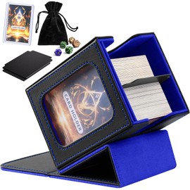 CardNovux Card Deck Box with Commander Display, Storage Box Holds 100+ Double Sleeved Cards, Game & Sports Case with 2 Dividers, 1 Top Loader and 1 Dice Bag (Blue)