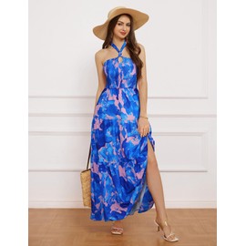Summer Dresses for Women 2024 Halter Neck Backless Flowy Floral Maxi Dress M Blue Pink